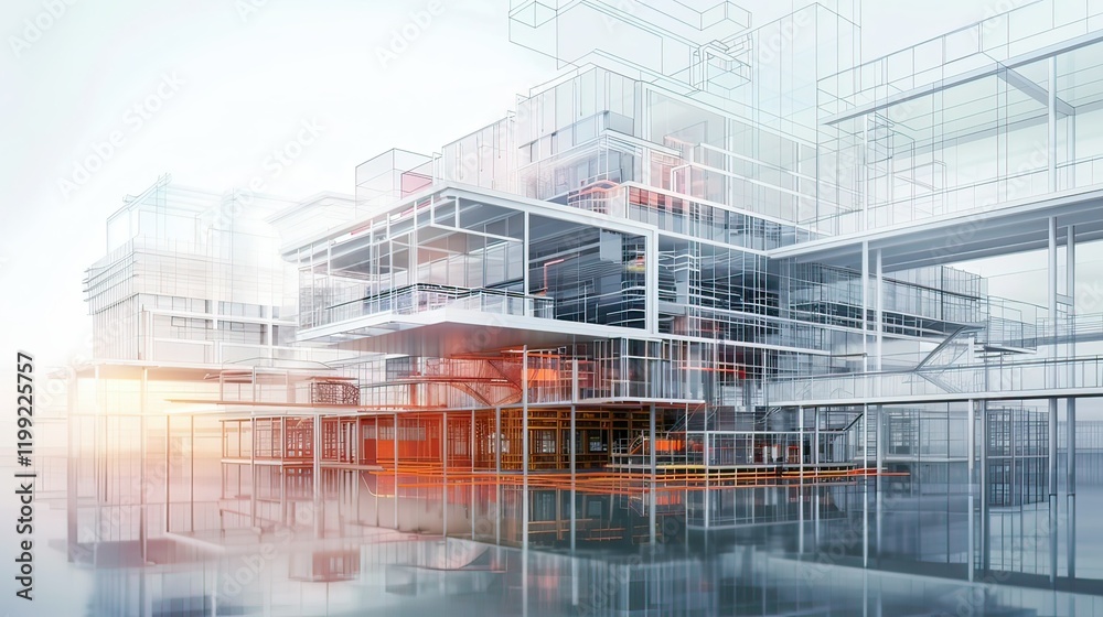 A BIM design concept with layers of architectural, mechanical, and structural components. A BIM design concept with layers of architectural, mechanical, and structural components.
