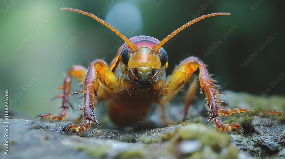 Fototapeta premium A large yellow and black beetle is crawling on a rock.