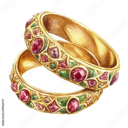 A watercolor vector painting showcasing the intricate craftsmanship of antique gold rings that is beautifully displayed, isolated on a white background. Antique gold rings vector.

