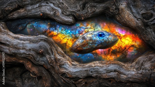 Surreal Cosmic Eye in Twisted Wood: Harmony of Nature and Space Art photo