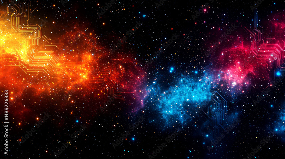 Fototapeta premium Cosmic Circuitry: A mesmerizing blend of nebulae and digital circuitry, evoking a sense of wonder and technological advancement in the vast expanse of space.