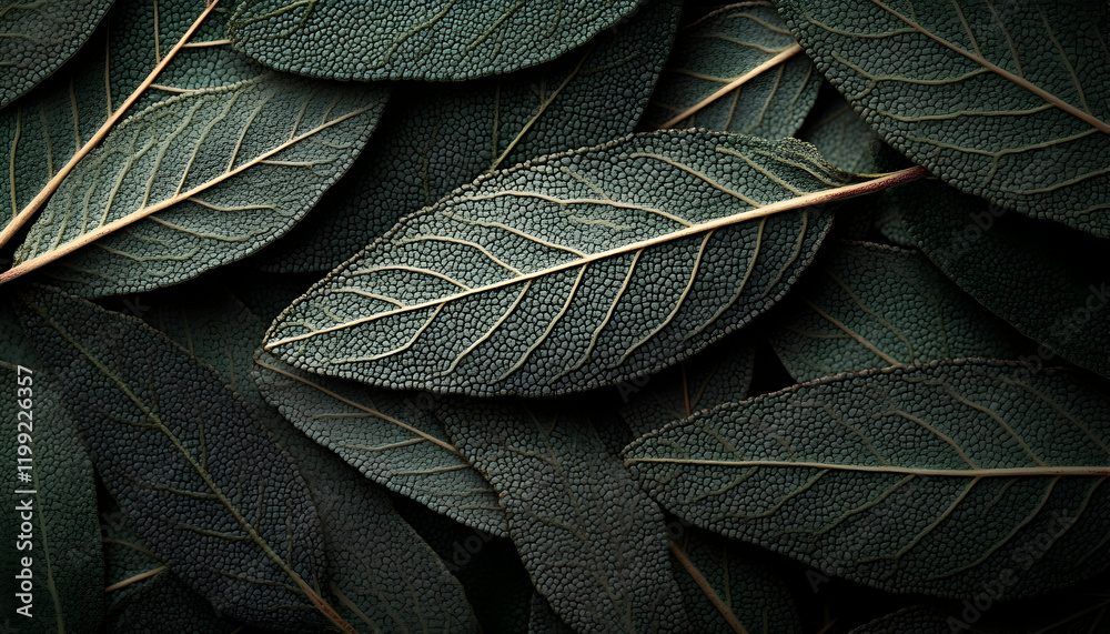 Obraz premium Close-up of dark green sage leaves, intricate textures and details visible, overlapping layers creating a natural pattern. Ideal for nature, botanical, or wellness designs.