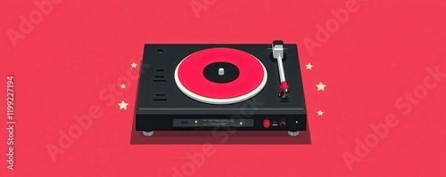 Stylish Red Vinyl Record Player on Red Background Retro Music Design Illustration