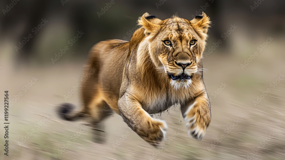Obraz premium Majestic Lioness in Motion: A Stunning Wildlife Capture