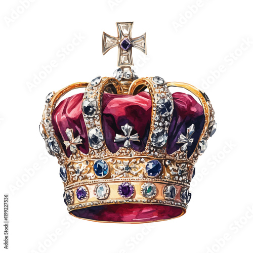 A watercolor vector painting of the Imperial State Crown, showcasing its timeless grandeur through delicate strokes, isolated on a white background. Imperial State Crown vector.

