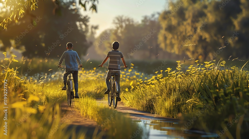 Fototapeta premium Two young men are biking on a dirt path next to a lake, at sunset.
