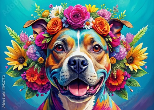 Staffordshire Bull Terrier Dog with Floral Crown, Marker Drawing Style photo