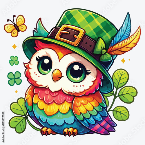 Cute owl in leprechaun hat stock illustration