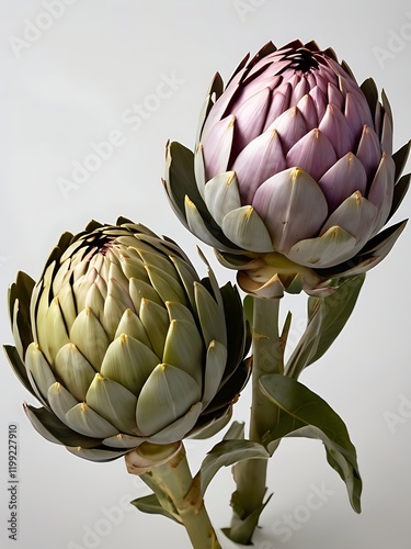 A close-up view of a fresh and vibrant artichoke on a white background