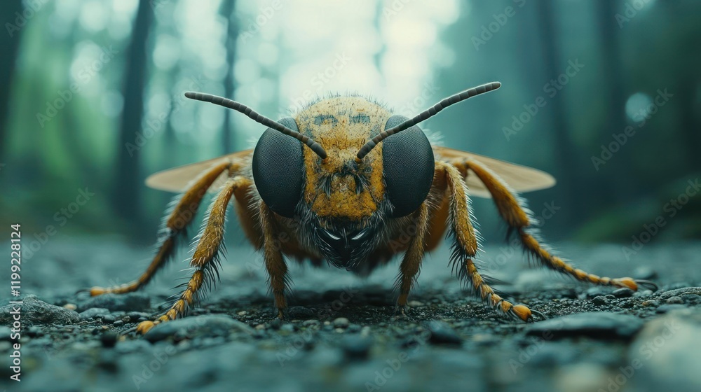 A large hornet is crawling on the ground in a forest. A large hornet is crawling on the ground in a forest.