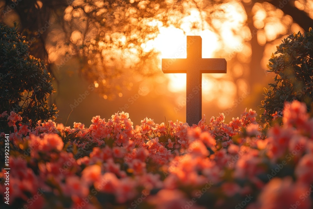 Christian cross standing in blooming flower garden at sunset Christian cross standing in blooming flower garden at sunset