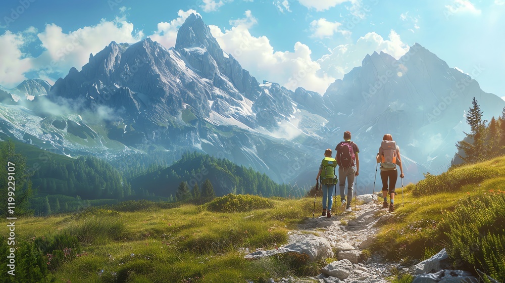 Obraz premium A family of four hikes through a beautiful mountain valley.