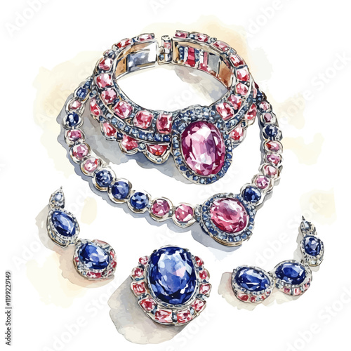 A watercolor vector painting illustrating the combination of soft strokes and bold designs that reflects the fusion of tradition and modernity in Bulgari’s jewelry, isolated on a white background. Bul