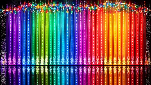 Bright neon lights in a variety of colors reflecting on glossy surfaces in a dimly lit room for a futuristic vibe