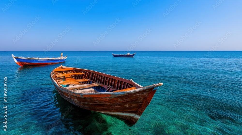 Naklejka premium Tranquil Ocean Scene with Wooden Boats at Calm Sea