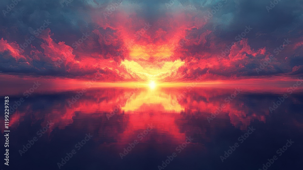 Fototapeta premium A beautiful fiery sunset is reflected in the calm water.