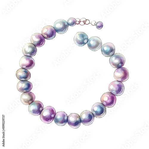 A watercolor vector painting of a classic pearl necklace that shines with soft, beautiful colors against the white backdrop, isolated on a white background. Classic pearl necklace vector.

