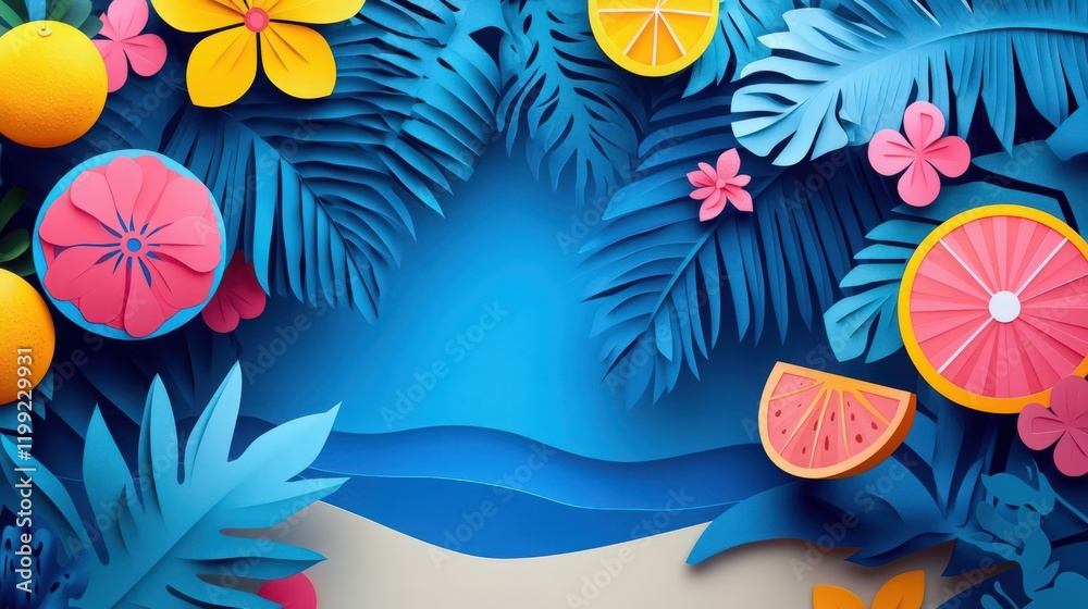 Fototapeta premium Tropical paper cut art with blue palms, flowers, and citrus fruits for summer design