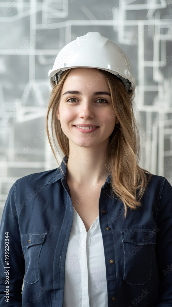 Portrait of a young woman architect smiling and wearing a white safety helmet in front of a blueprint Portrait of a young woman architect smiling and wearing a white safety helmet in front of a blueprint