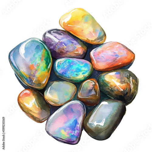 A watercolor vector painting capturing the brilliance of Australian opals, isolated on a white background. Australian opals vector.

