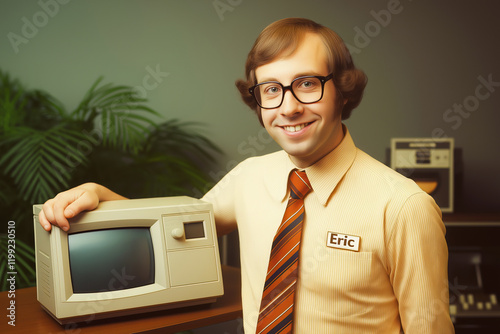 Retro Office Scene Featuring Smiling Employee with Vintage Computer and Iconic 1970s Professional Attire and Technology