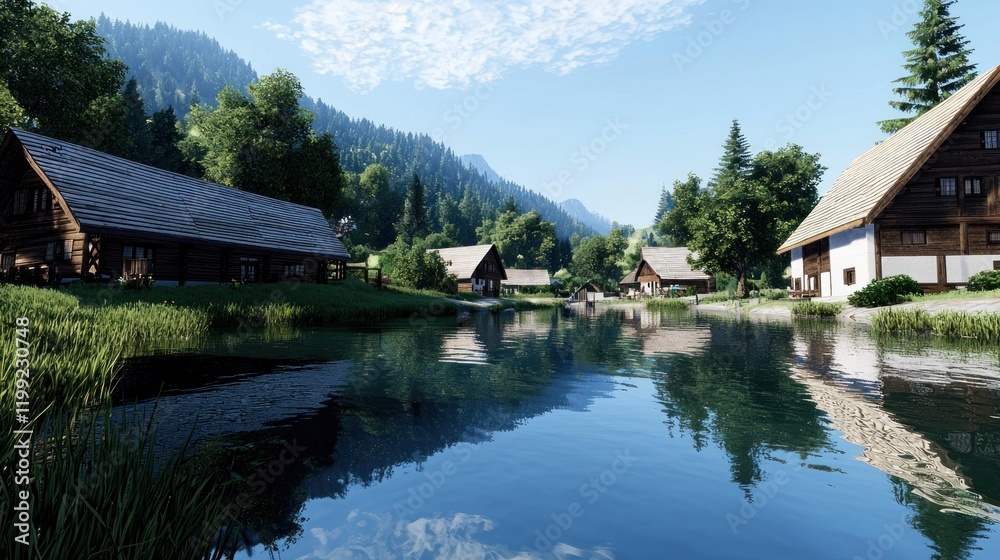 Fototapeta premium Alpine Village by the Lake