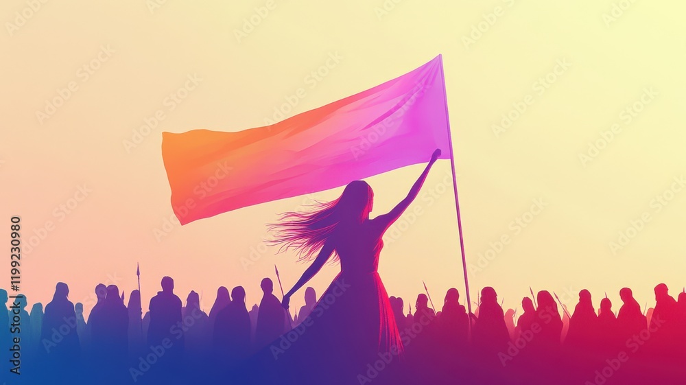 Fototapeta premium Leadership and empowerment, woman with flag in front of supportive crowd. Women's Day