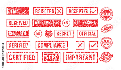 A Collection of Red Rubber Stamp Images with Various Status Indicators Including Denied, Approved, and Secret Information Stamps