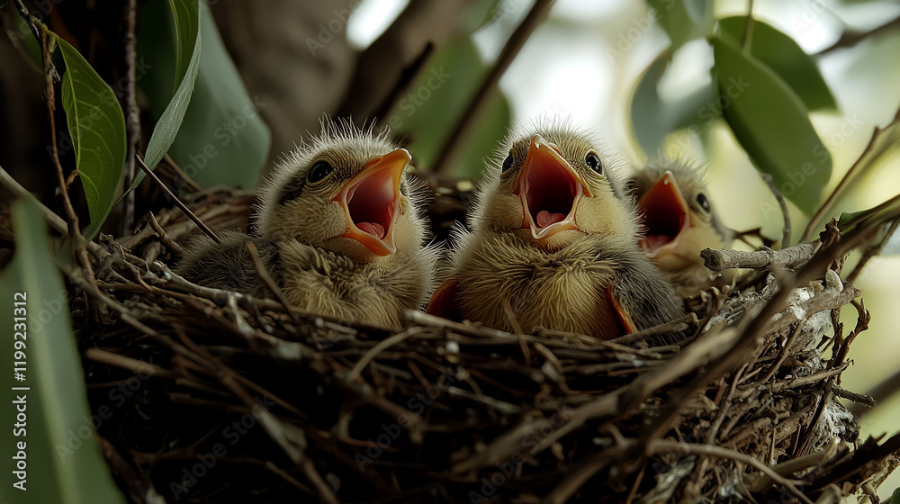Three baby birds in a nest, chirping and waiting for their mother to feed them. A heartwarming wildlife scene full of life and nature's beauty. Three baby birds in a nest, chirping and waiting for their mother to feed them. A heartwarming wildlife scene full of life and nature's beauty.