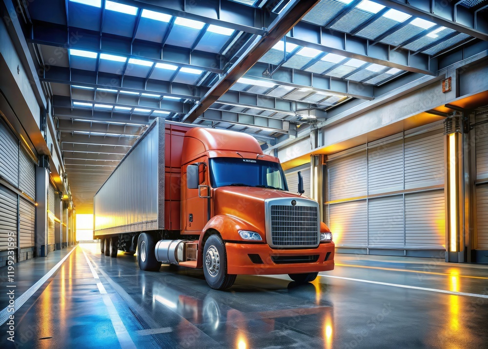 Naklejka premium Semi Truck Parking Garage, Commercial Vehicle, Transportation, Parking, Loading Dock, Industrial, Warehouse, Logistics