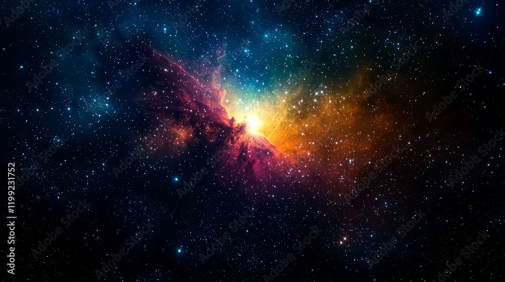 Fototapeta premium Cosmic Nebula: A vibrant swirl of colors in the vast universe. Explore the celestial wonders and the mysteries of deep space.