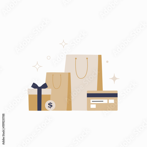Gift bags and credit card symbolizing shopping, retail transactions, and holiday gifting in flat vector illustration, isolated on white background