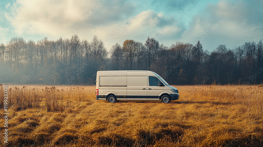 Delivery van parked in a grassy field surrounded by trees during a cloudy day Delivery van parked in a grassy field surrounded by trees during a cloudy day