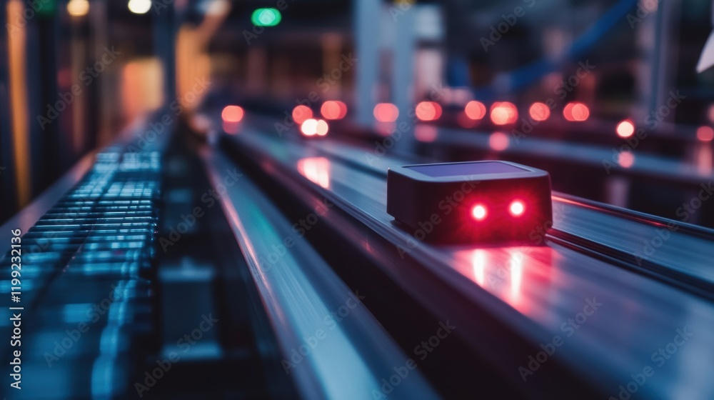 Fototapeta premium Closeup of a sensor connected to a conveyor belt with blinking lights indicating connectivity status emphasizing the importance of 5G for immediate data transmission and alerts about