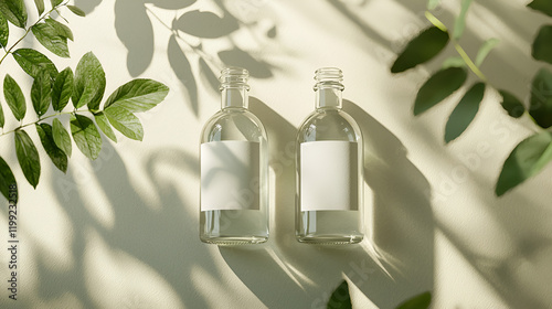 Two clear glass bottles with blank labels, surrounded by green leaves and sunlight shadows. Perfect for product mockups or natural branding.
