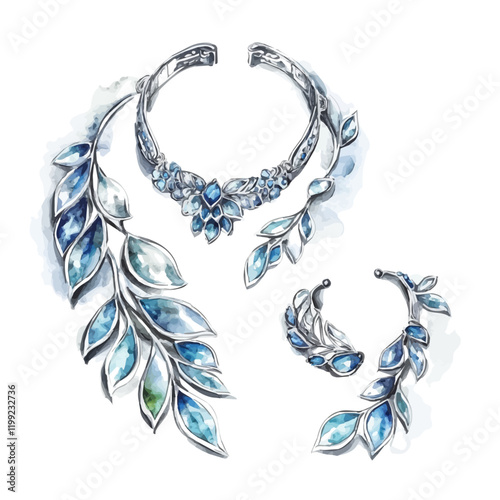 A watercolor vector painting of silver jewelry with enameling that transforms matching sets into artistic and luxurious pieces, isolated on a white background. Silver jewelry vector.

