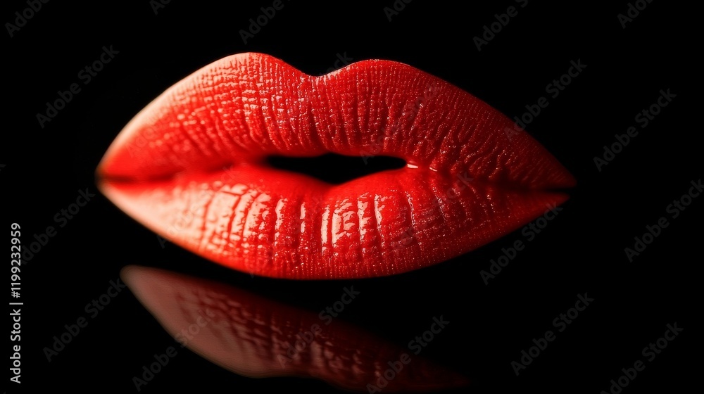 Close-Up of Glossy Red Lips Against a Black Background in Dramatic Lighting Close-Up of Glossy Red Lips Against a Black Background in Dramatic Lighting