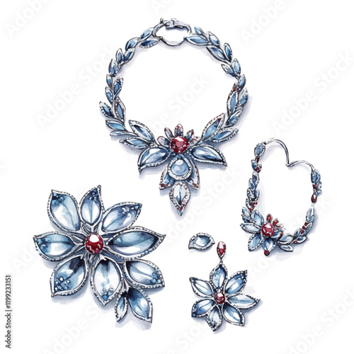 A watercolor vector painting of silver jewelry with enameling matching sets that possess unparalleled beauty, isolated on a white background. Silver jewelry vector.

