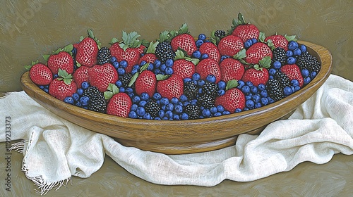 Side view of a wooden bowl overflowing with fresh fruits, accented by a natural linen cloth and a neutral rustic background