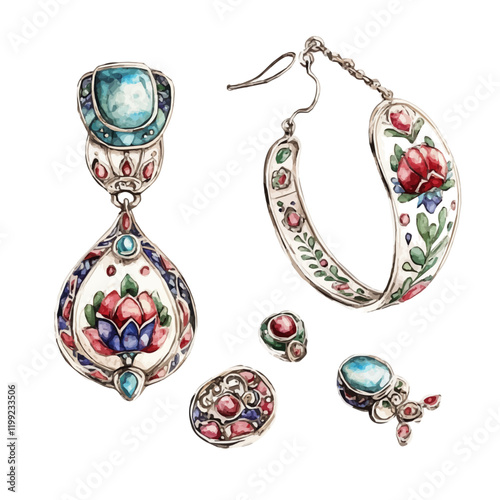A watercolor vector painting of silver jewelry with enameling design, highlighting Iranian artistry in matching jewelry, isolated on a white background. Silver jewelry vector.

