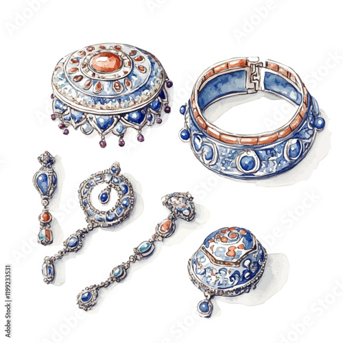 A watercolor vector painting of silver jewelry with enameling design, highlighting Iranian artistry in matching jewelry, isolated on a white background. Silver jewelry vector.

