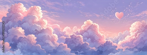 Bright pink sky with fluffy pink clouds in animation style anime background. Generative Ai