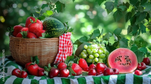A vibrant assortment of fresh fruits including strawberries, watermelon, and grapes in a basket
