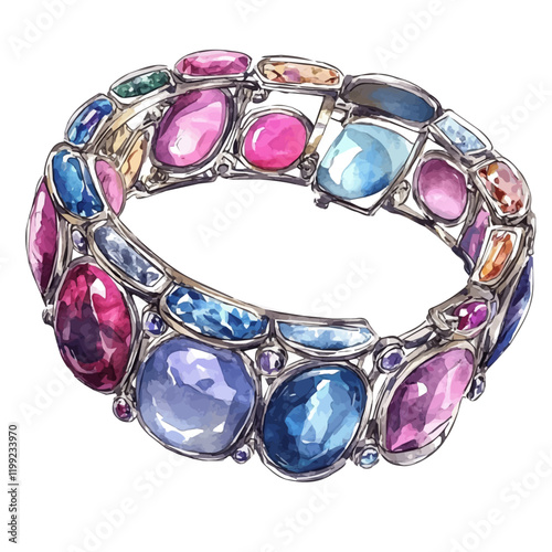 A watercolor vector painting of silver bracelets adorned with colorful stones, bringing them to life, isolated on a white background. Silver bracelets vector.

