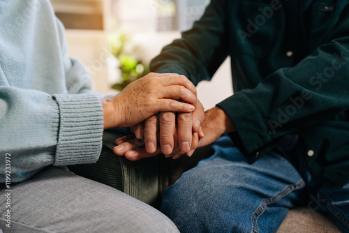 hands of a person who gives reassurance and encouragement to a hopeless person, comforts, gives love, care.