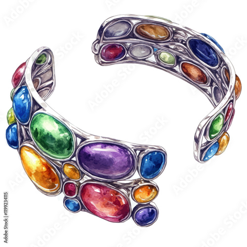 A watercolor vector painting of silver bracelets adorned with colorful stones, bringing them to life, isolated on a white background. Silver bracelets vector.

