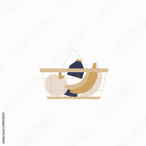 Shopping basket with groceries in flat vector illustration symbolizing food purchases, grocery shopping, and consumer habits, isolated on white background.