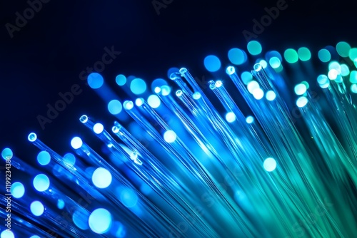 Close-up of Fiber Optic Cables with Blue Light, High-Speed Data Transfer Concept