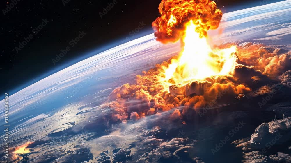 A catastrophic nuclear explosion viewed from space, with a massive fireball and mushroom cloud erupting over Earth's surface.
