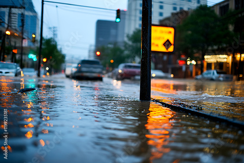Flooded city street at night with cars driving through shallow floodwater.